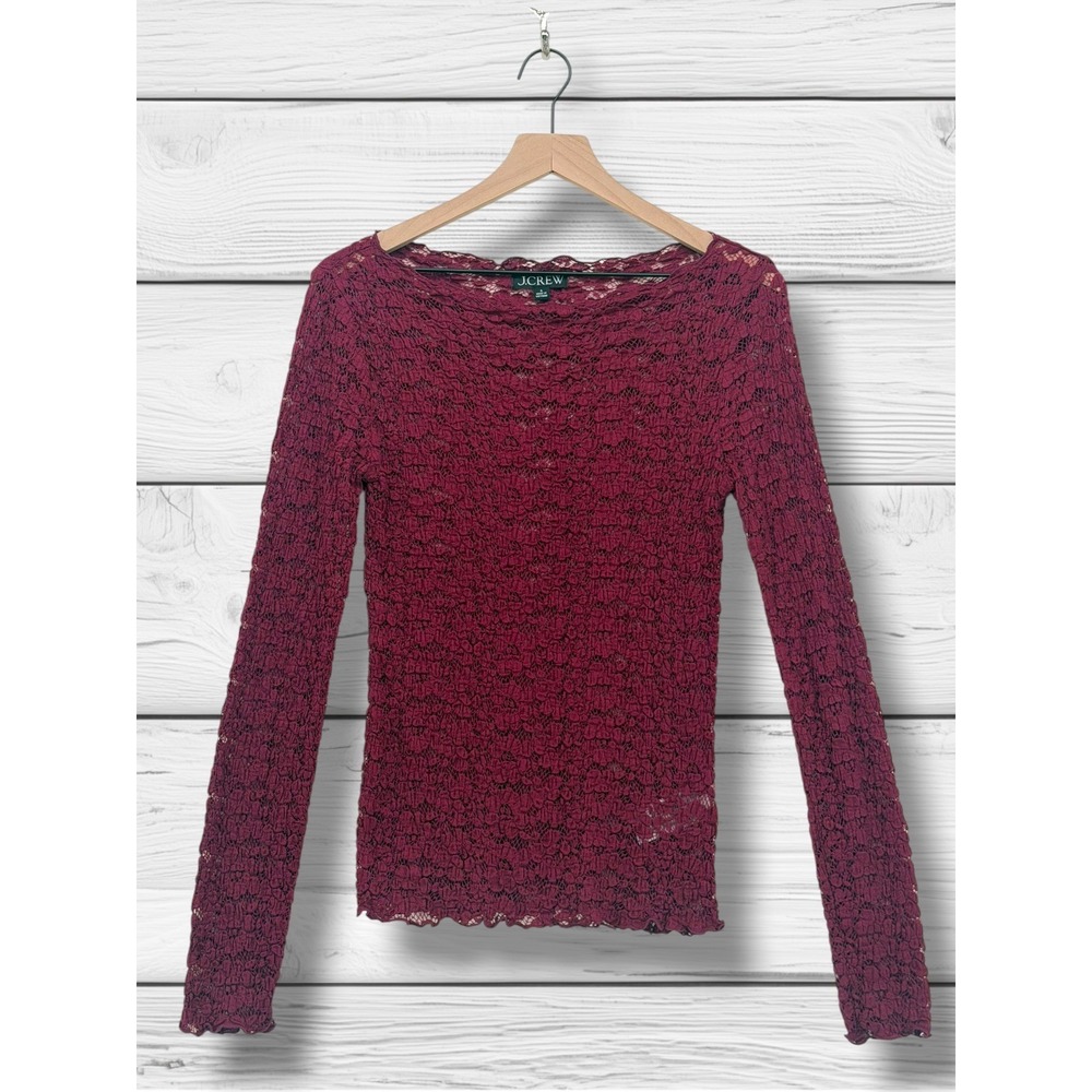 J.Crew Floral Lace Sheer Long Sleeve Boat Neck Top Burgundy Small